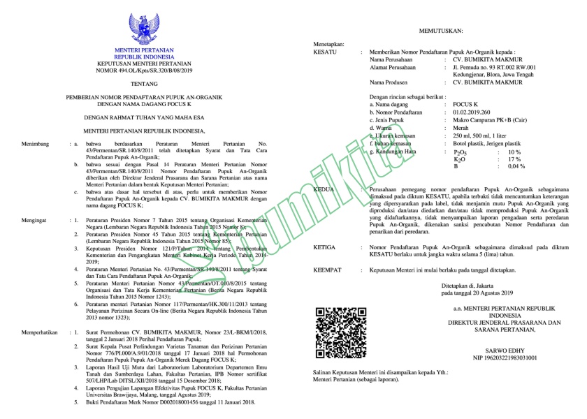 Izin Kementan FOCUS K